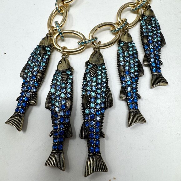 Betsey Johnson Fish Charm Rhinestone Necklace Goldtone Link - Picture 2 of 10